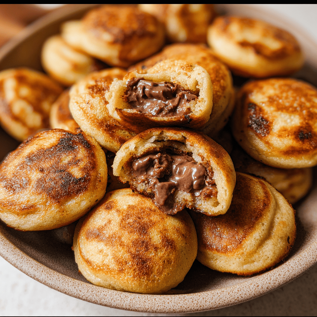 How to Make Fluffy Nutella Pancake Balls (With or Without a Special Pan!) 3 Mini pancake balls filled with Nutella on a ceramic plate