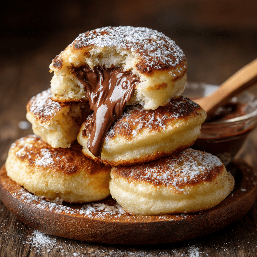 How to Make Fluffy Nutella Pancake Balls (With or Without a Special Pan!) 2 mini pancake balls filled Nutella on wooden plate