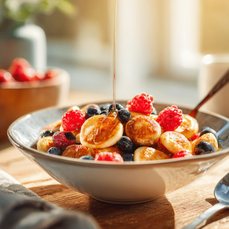 Mini pancake cereal in a bowl with syrup and berries