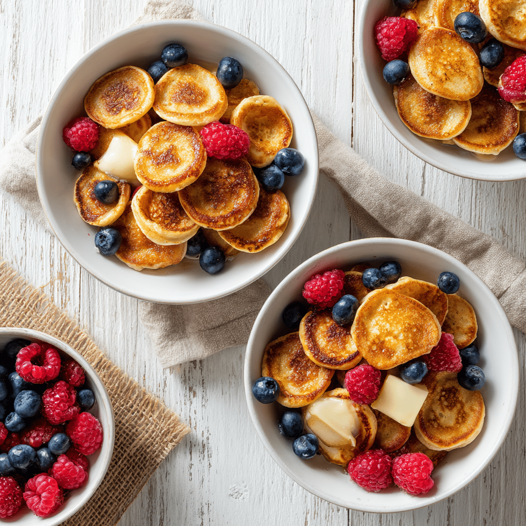 What TikTok Taught Me Mini Pancakes – The Perfect Recipe & Fixes 5 Mini pancake cereal topped with butter and fresh berries in multiple bowls