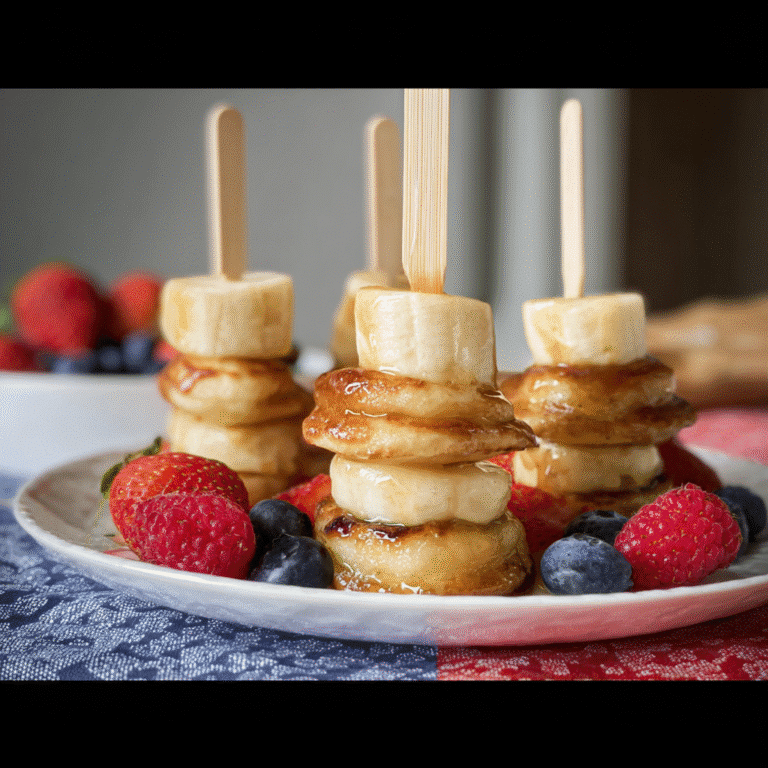 Mini pancake skewers with yogurt dip on brunch table