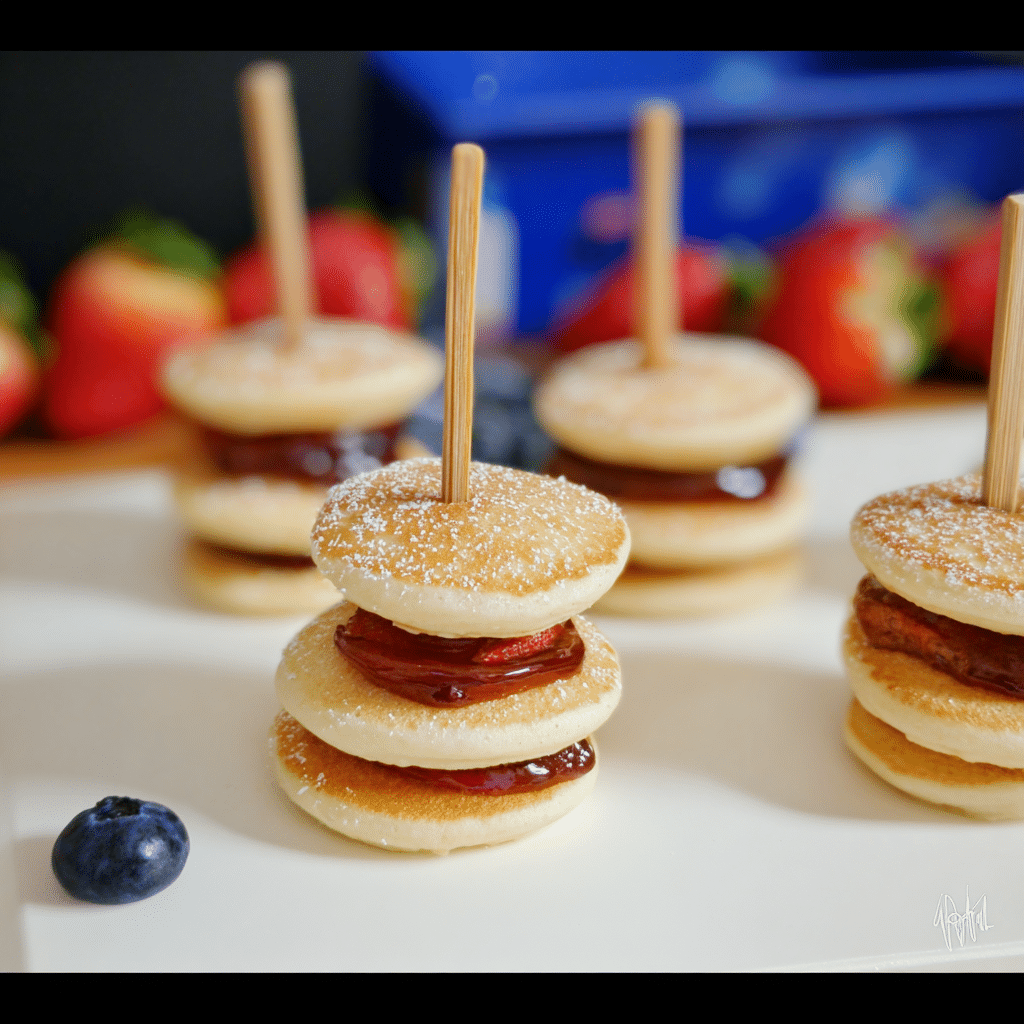 How to Make Perfect Pancake Skewers for Lunch (With Make-Ahead Tips, Dips & Packing Hacks) 5 Mini pancake skewers with strawberry slices and jam