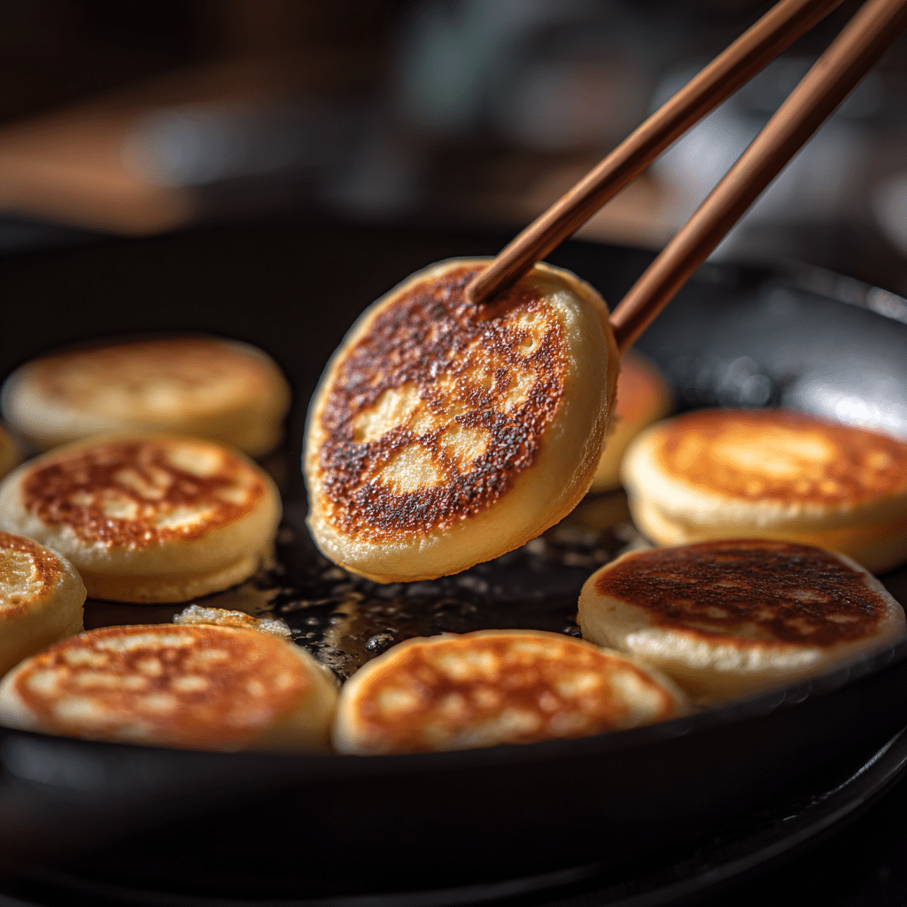 What TikTok Taught Me Mini Pancakes – The Perfect Recipe & Fixes 4 Close-up of mini pancakes cooking on a non-stick pan, one held with chopsticks