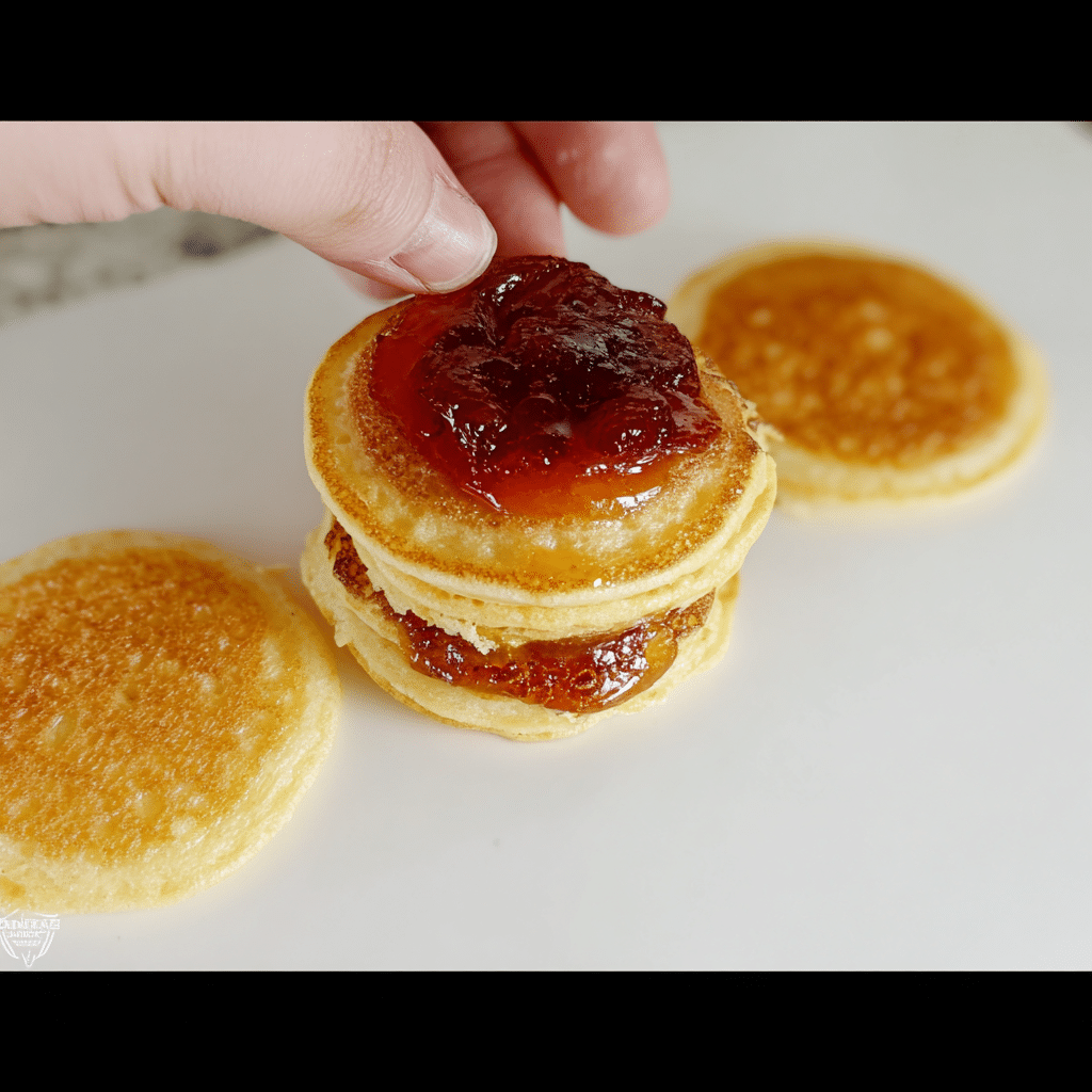 How to Make Perfect Pancake Skewers for Lunch (With Make-Ahead Tips, Dips & Packing Hacks) 4 Mini pancakes stacked with strawberry jam for lunchbox