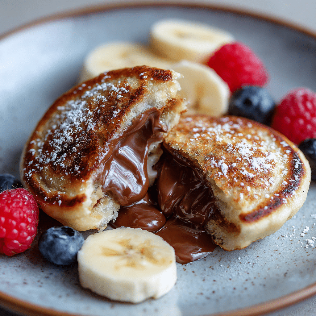 Nutella-Filled Mini Pancakes (A Fail-Proof Guide) 3 Nutella-Filled Mini Pancake cut open with gooey center