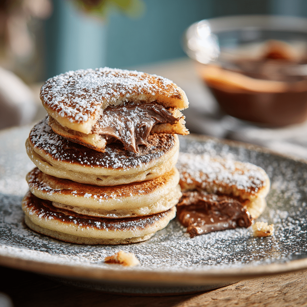 home - Yoom Recipe 1 A realistic photo of a stack of homemade Nutella mini pancakes, with a bite taken out to show the gooey chocolate center
