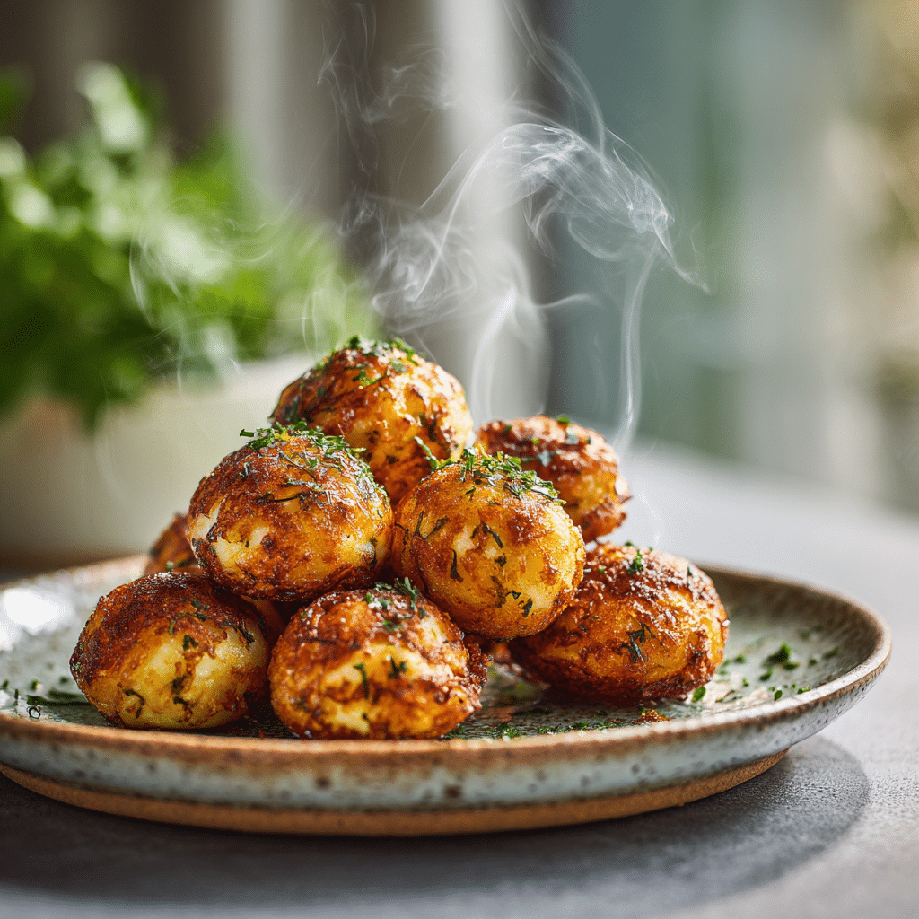 The Ultimate Savory Mini Pancake Balls (with Cheese & Herbs) 2 Savory mini pancake balls with cheese and herbs on plate