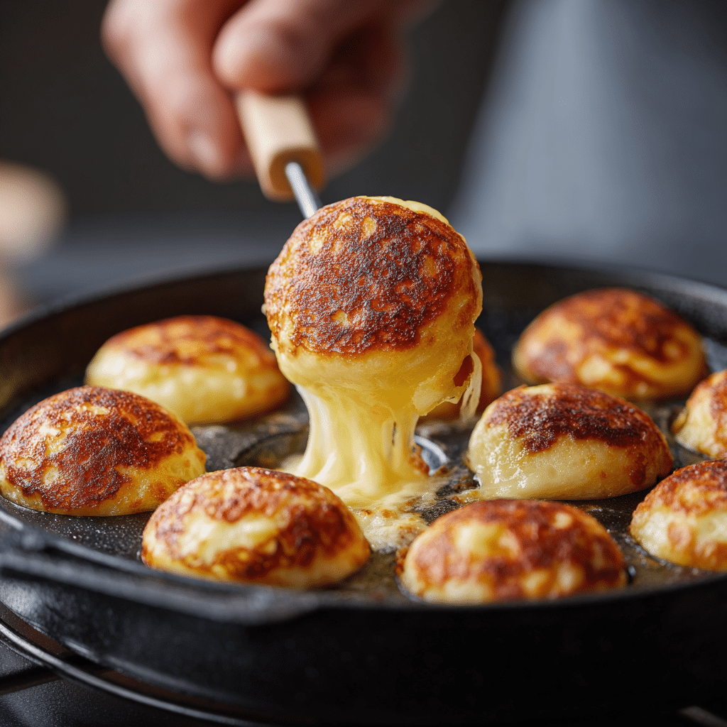 The Ultimate Savory Mini Pancake Balls (with Cheese & Herbs) 4 Turning mini pancake balls in Aebleskiver pan
