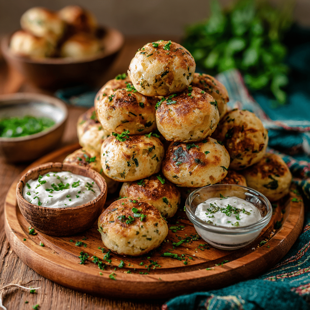 The Ultimate Savory Mini Pancake Balls (with Cheese & Herbs) 5 Serving savory pancake balls with cheese and herb dips