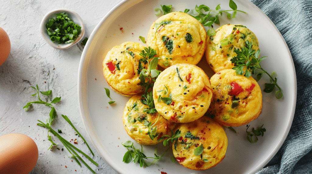 Egg Bite Recipe No Cottage Cheese shown as homemade egg bites on a white plate, garnished with fresh herbs and surrounded by chopped green onions and eggs on a light textured surface.
