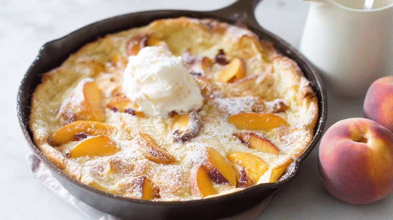Peach Dutch baby pancake in a cast-iron skillet topped with whipped cream and powdered sugar.