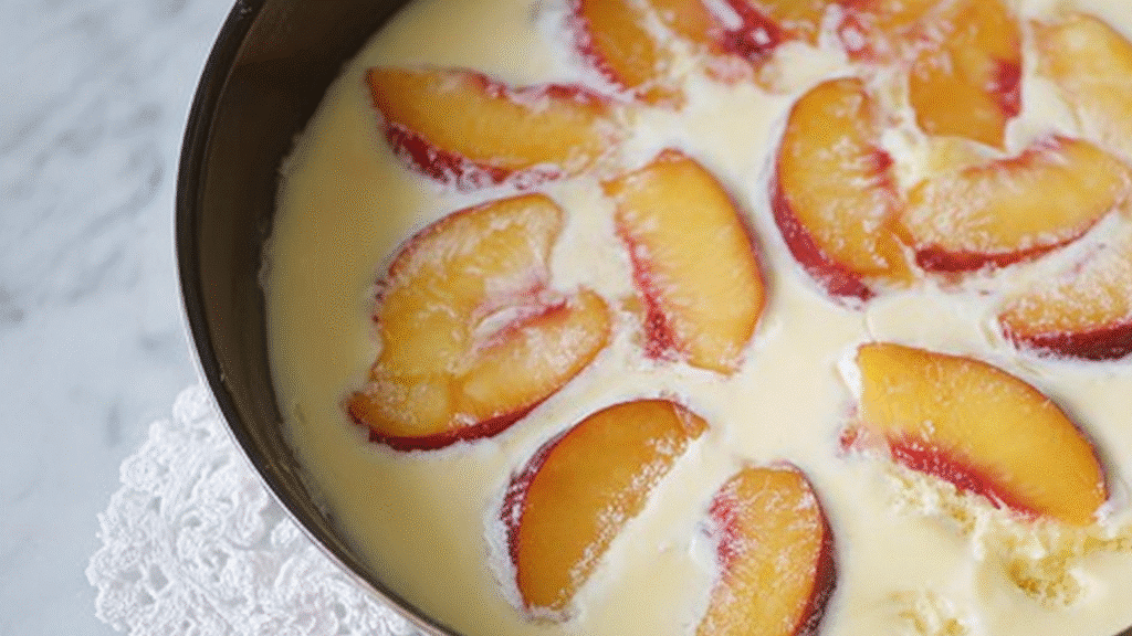 Peach slices arranged in a creamy Dutch baby batter inside a skillet before baking.