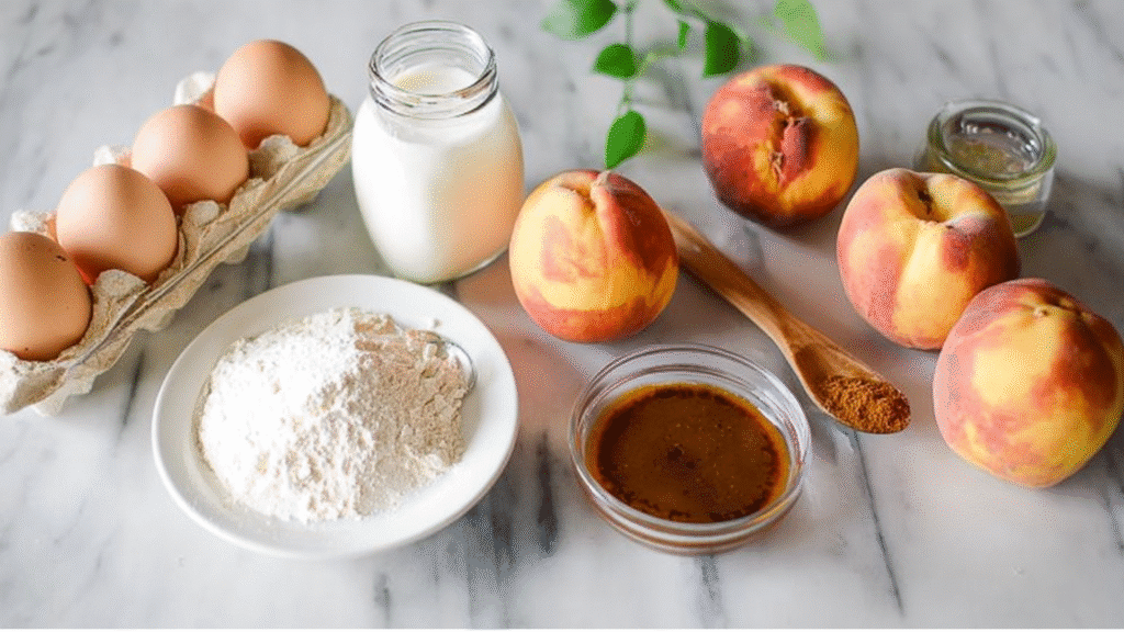 Ingredients for a peach Dutch baby including eggs, flour, milk, peaches, cinnamon, and melted butter arranged on a marble surface.