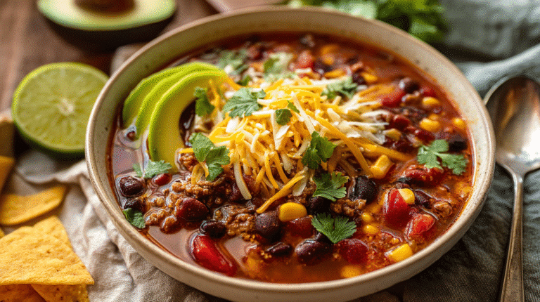A hearty bowl of Santa Fe Soup topped with shredded cheddar cheese, avocado slices, and cilantro, featuring black beans, corn, and tomatoes in a rich Southwestern broth.