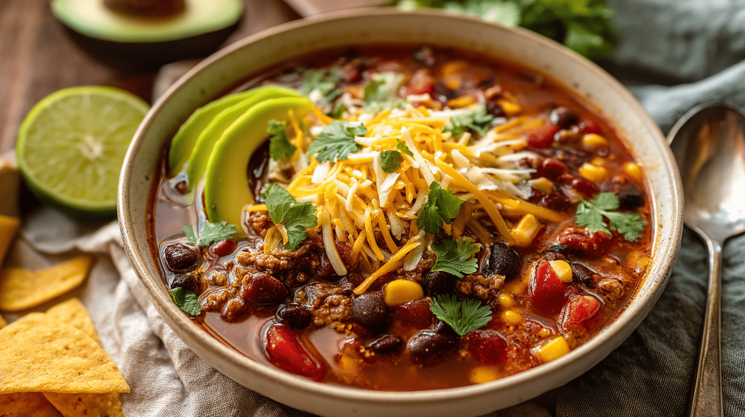 A hearty bowl of Santa Fe Soup topped with shredded cheddar cheese, avocado slices, and cilantro, featuring black beans, corn, and tomatoes in a rich Southwestern broth.