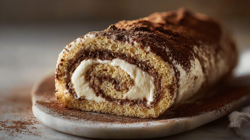 Tiramisu Swiss Roll with espresso-soaked sponge and mascarpone cream, dusted with cocoa powder on a marble board.