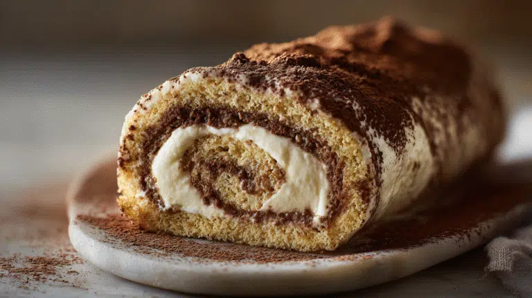 Tiramisu Swiss Roll with espresso-soaked sponge and mascarpone cream, dusted with cocoa powder on a marble board.