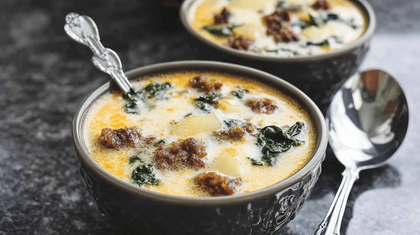 Bowl of creamy Zuppa Toscana soup with Italian sausage, potatoes, and kale, served in a gray bowl with a spoon on a dark countertop.